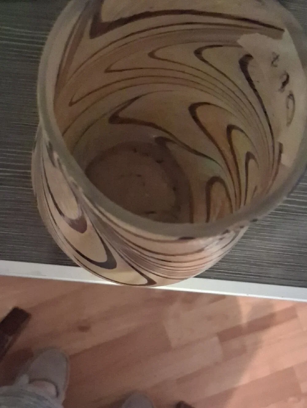 Iridescent Beige Glass Vase with Blue-Purple Swirl Pattern
